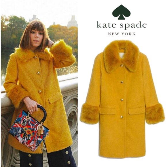 kate spade Jackets & Blazers - 💥💋SHOWSTOPPER!💋💥KATE SPADE YELLOW FLUFFY WOOL COAT W/ FUR COLLAR & CUFFS